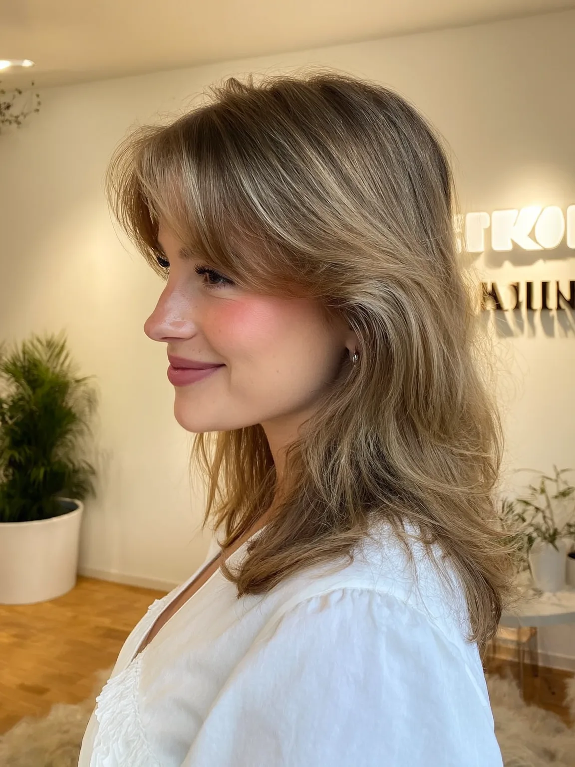Shoulder-Length Soft Layers with Curtain Bangs in Sandy Blonde
